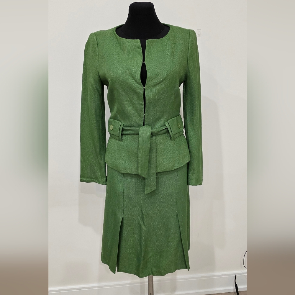 Vintage ZARA Woman Rayon Grass Green Midi Skirt & Belted Blazer Suit Set US 4